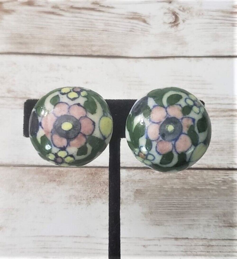 Vintage Clip On Earrings Large Domed Circle with Painted Flowera